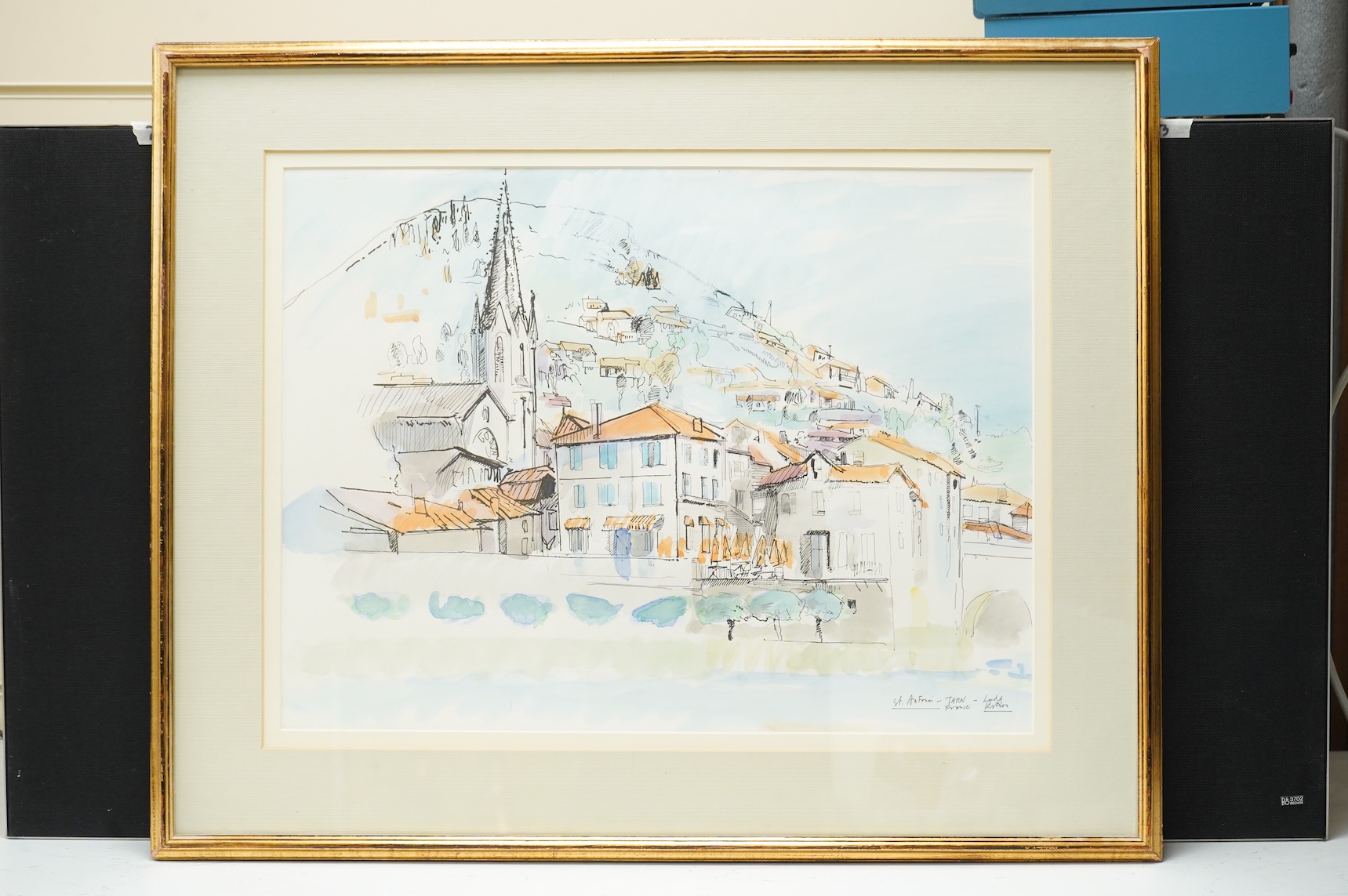 Linda Kitson (b.1945), ‘St Antonin, Tarn, France’, signed and inscribed, ink and watercolour, 38 x 50cm